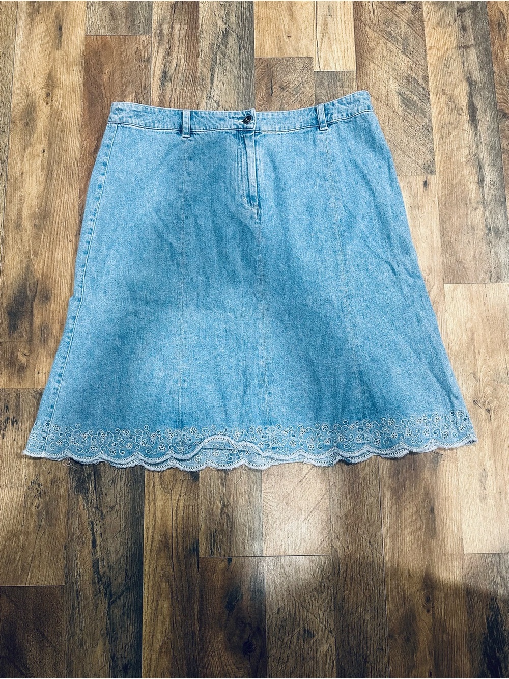 Vintage Christopher & Banks Light Blue Denim Midi Skirt with Scalloped Lace Hem